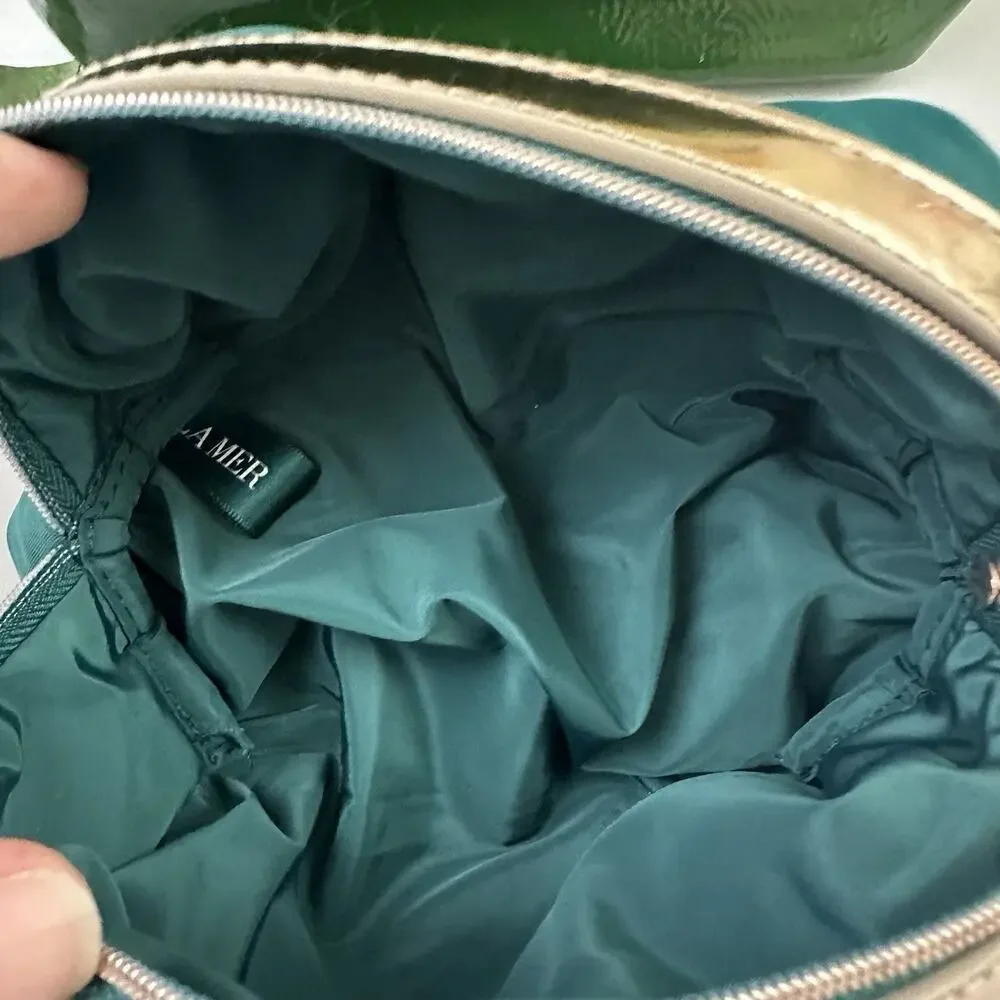 La Mer Cosmetic Makeup Bag Lot of 2 Teal Green Patent Zipper Travel Pouch